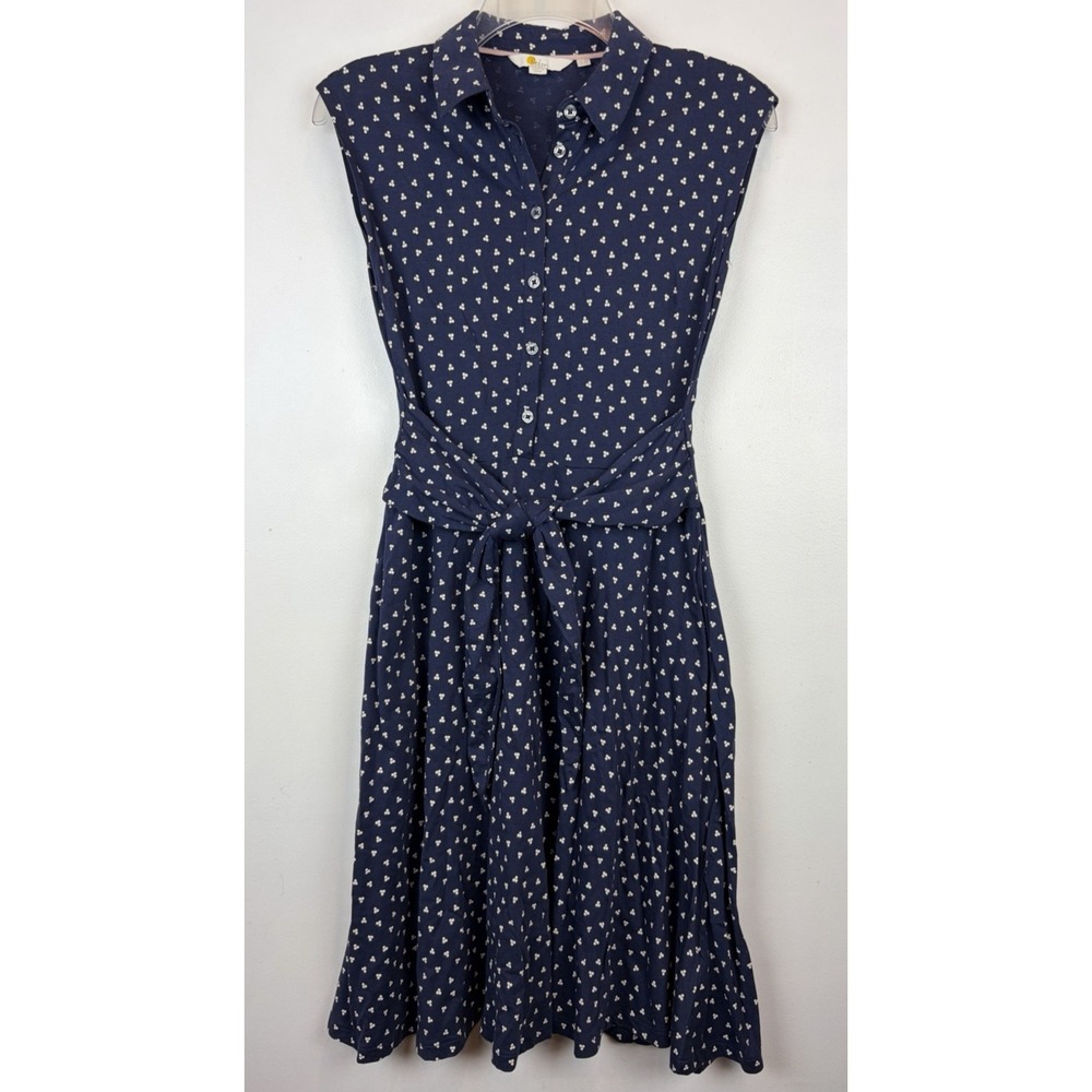 Boden Shirt Dress Womens 2 Petite Tie Waist Cotton Navy White Office Career